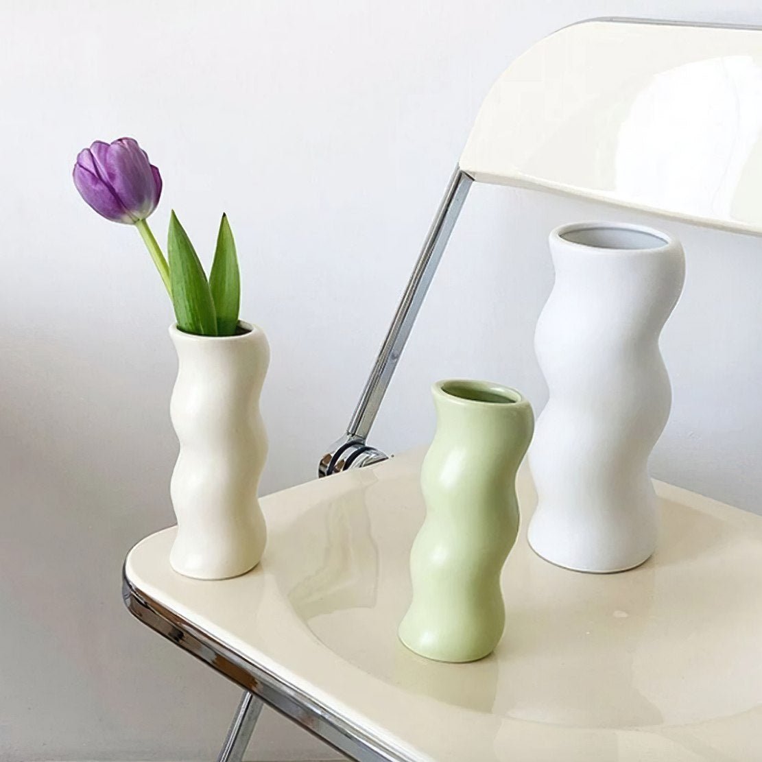 Beige, green & white ceramic tall wiggle vases