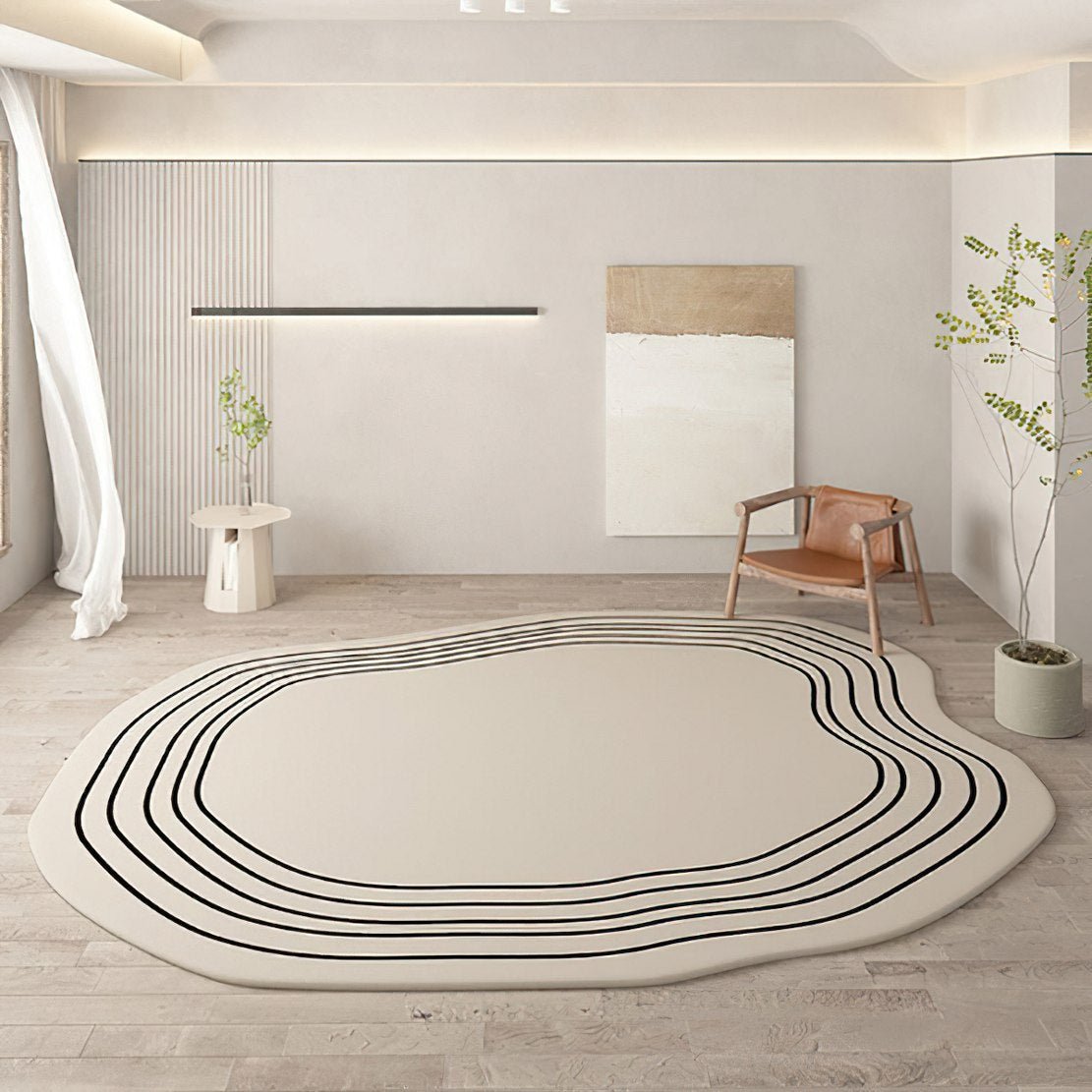 white large round area rug with black lines.
