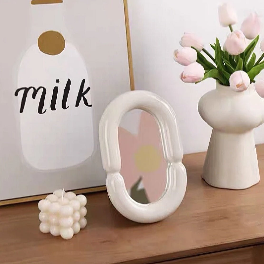 White oval frame decorative table mirror