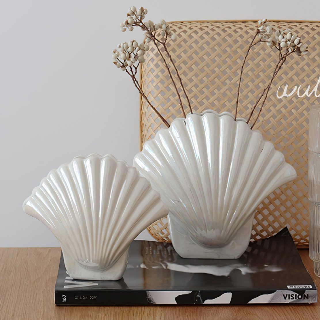 White, pearl shine ceramic shell vases