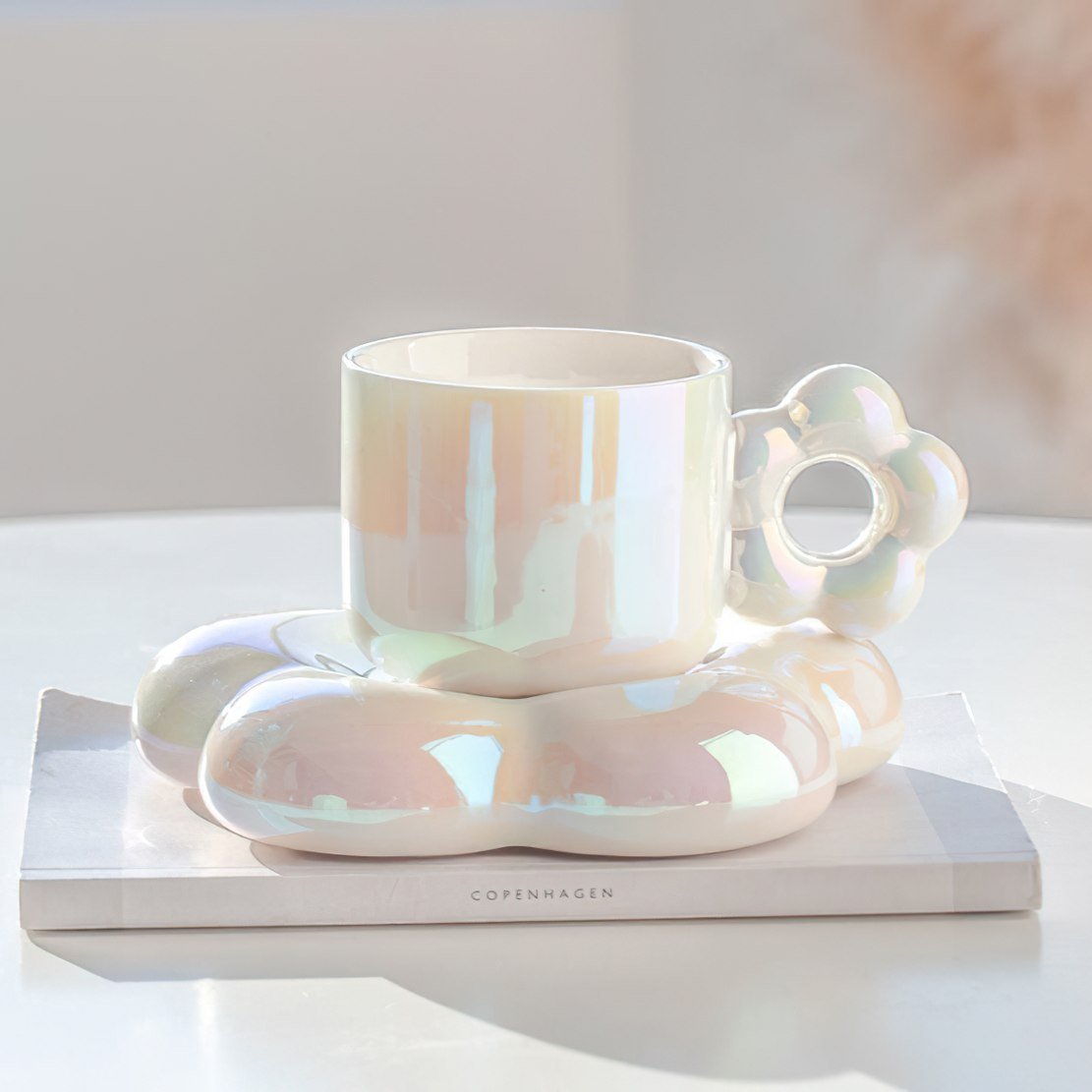 White pearl shine flower handle mug and saucer