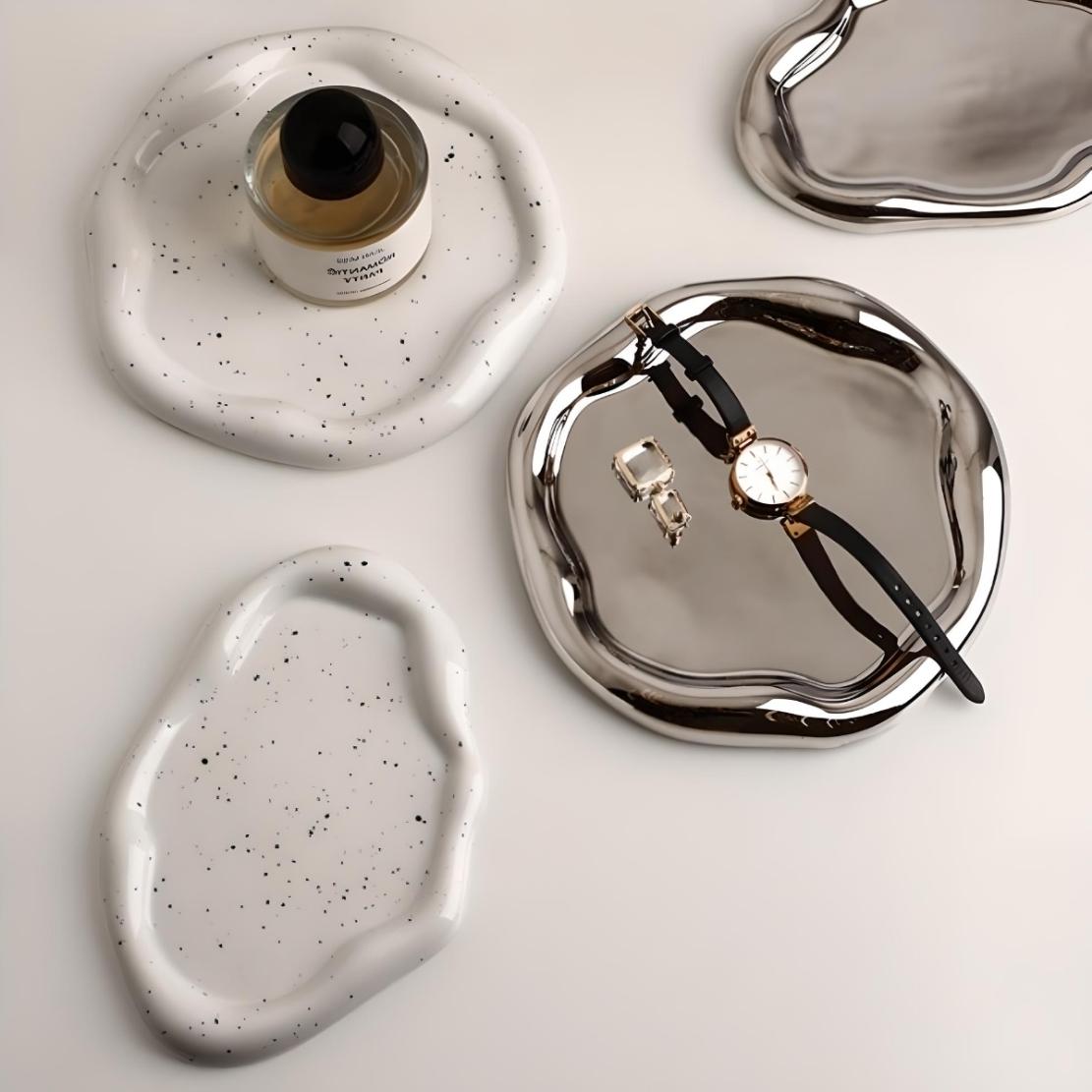 White & silver irregular ceramic trays