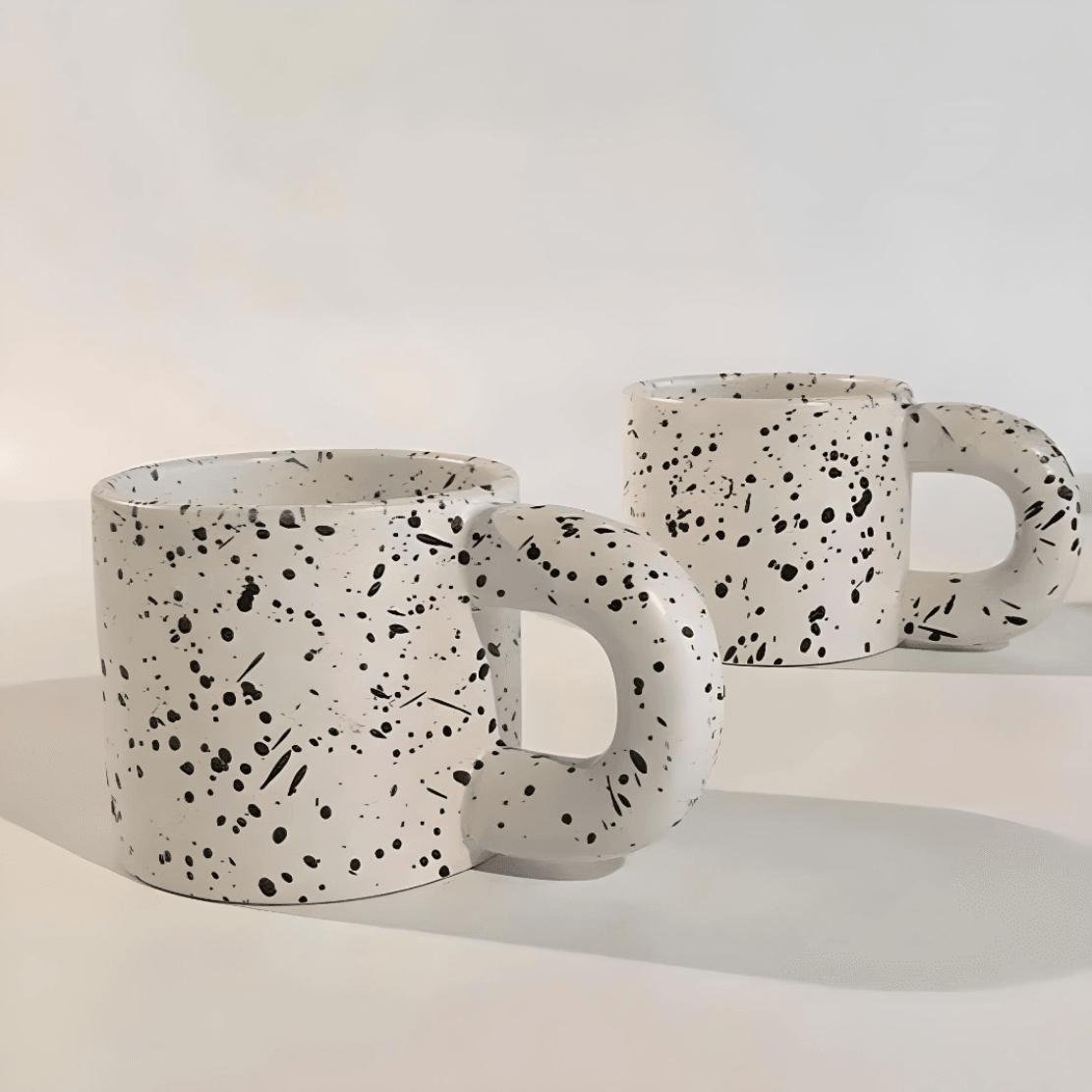 White splash ink chunky handle ceramic coffee mugs