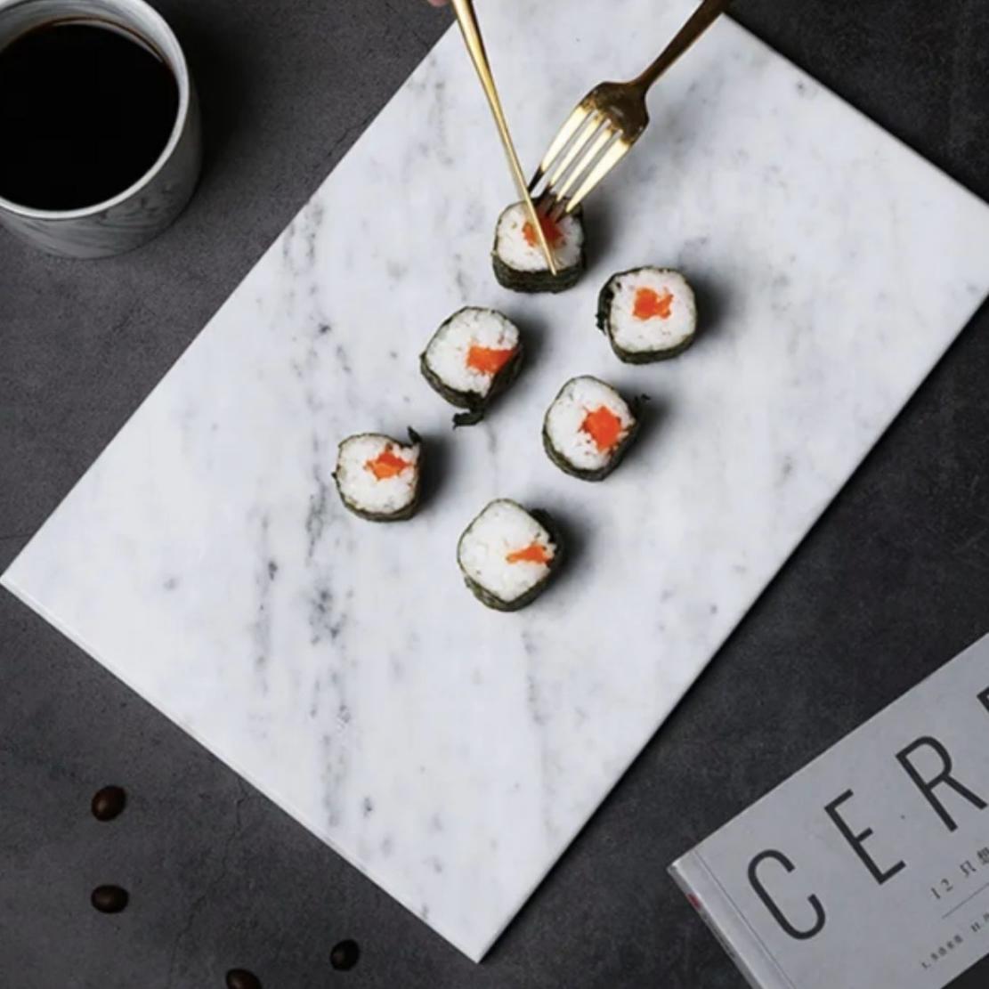 White square marble sushi tray