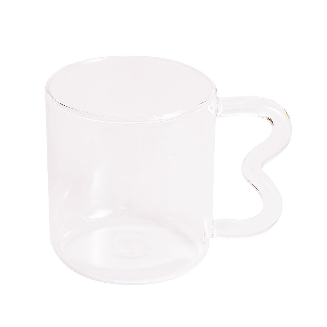 White  squiggle handle glass mug