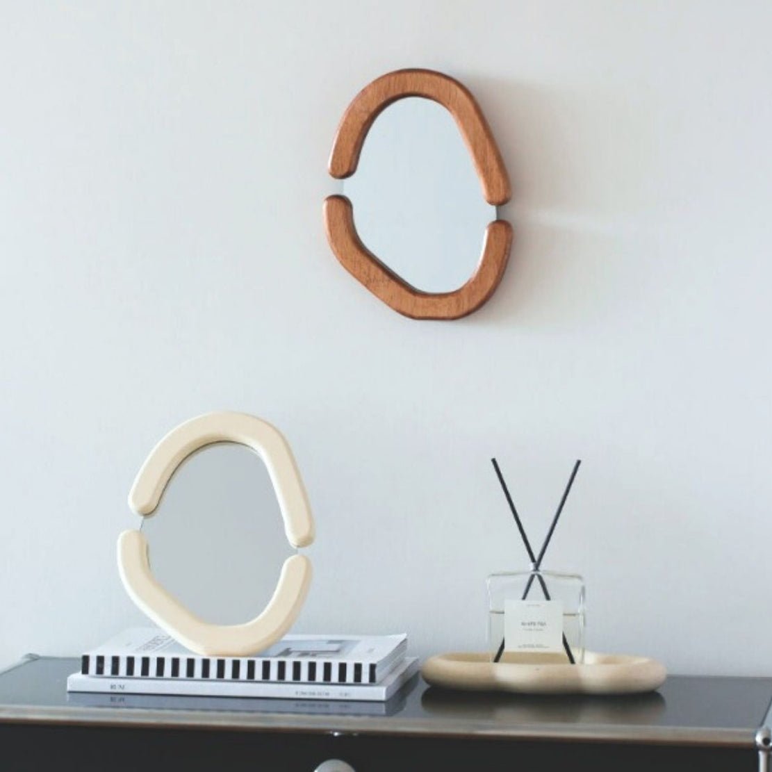 Asymmetrical wood frame decorative mirrors in brown & white