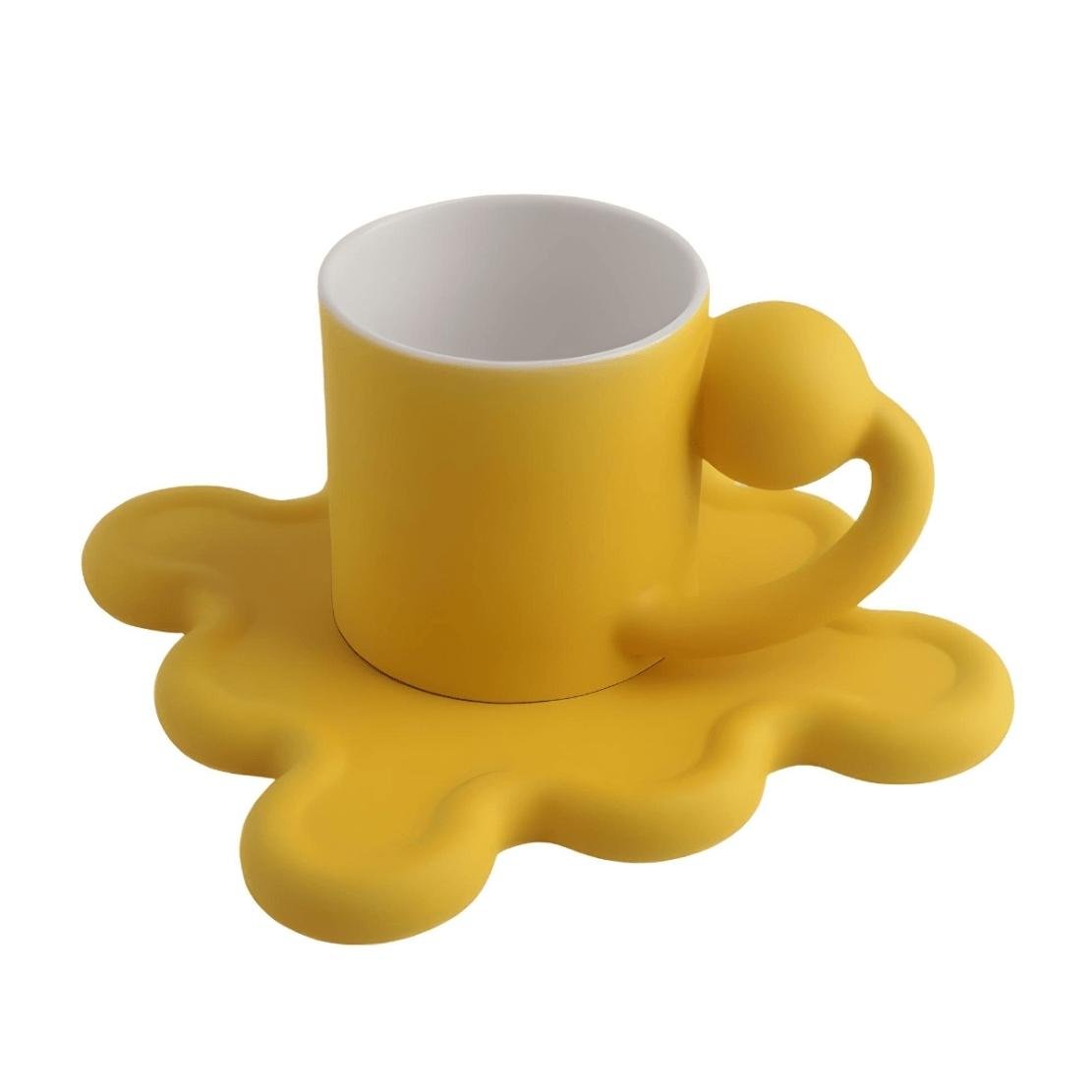Yellow ball handle mug with wavy wiggle saucer