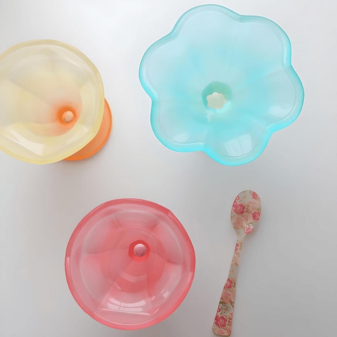 Yellow, blue & pink frosted glass ice cream bowls