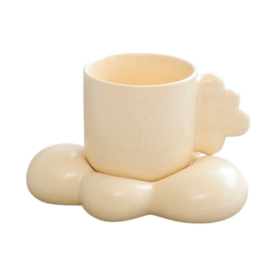 Yellow ceramic mug with cloud handle and saucer