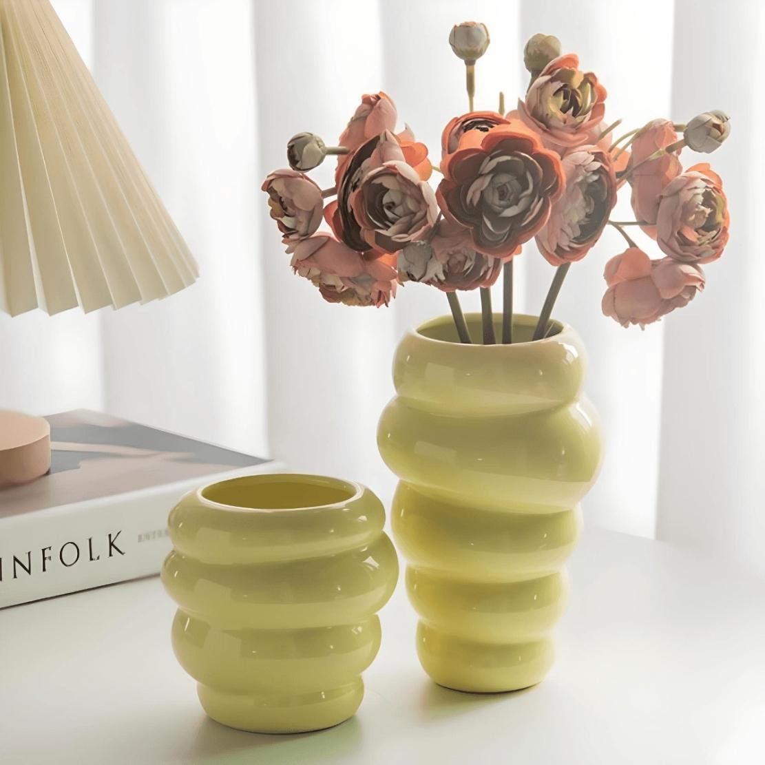 Yellow, ceramic honeycomb flower vases