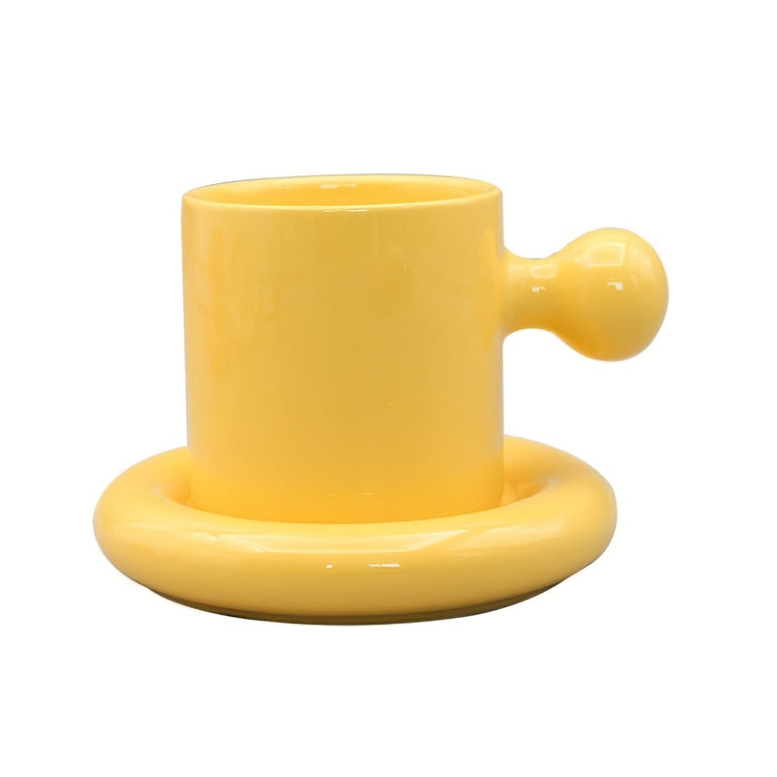 Yellow Shrek Ear Mug, ceramic knob handle mug with saucer.
