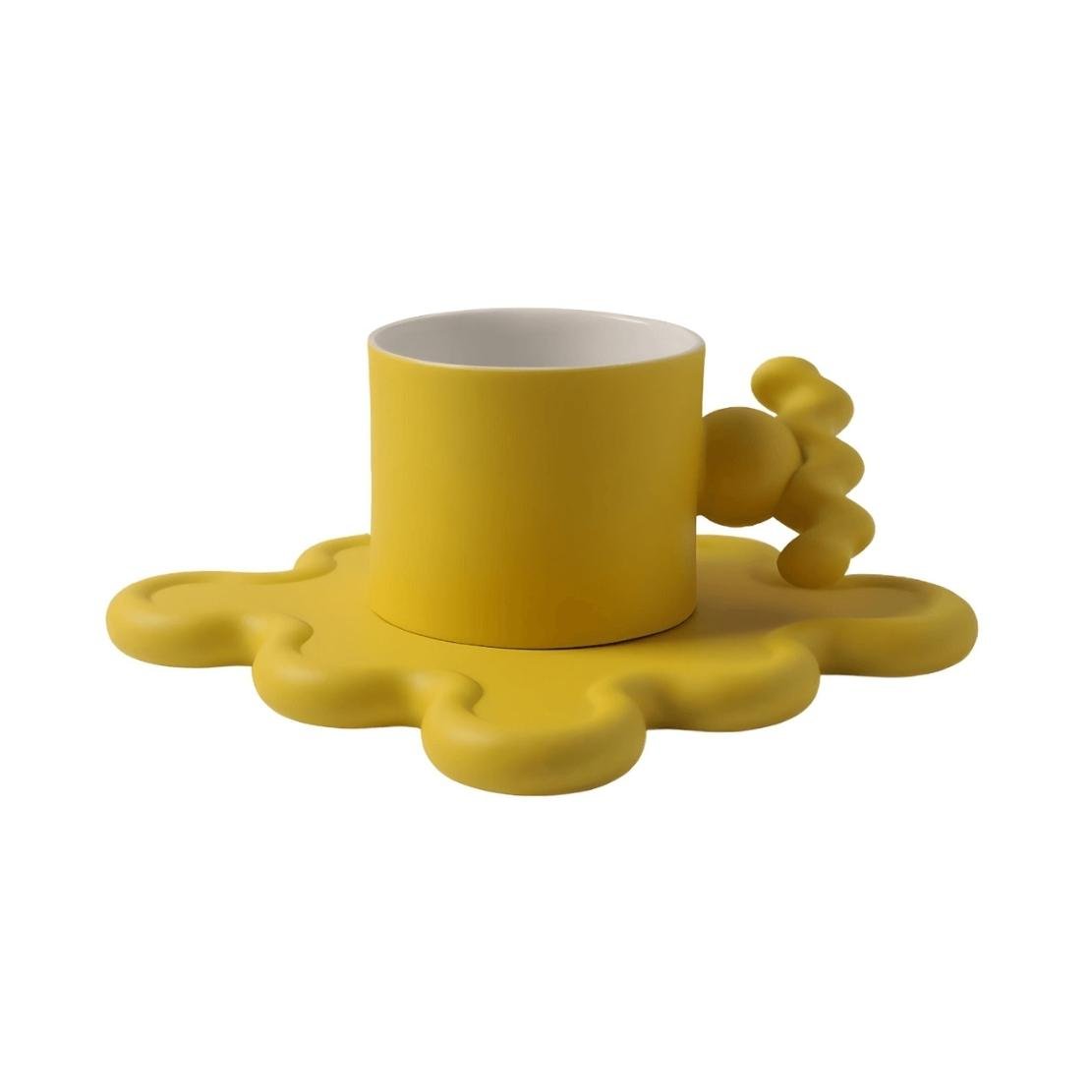 Yellow  geometrical handle ceramic mug & wavy saucer