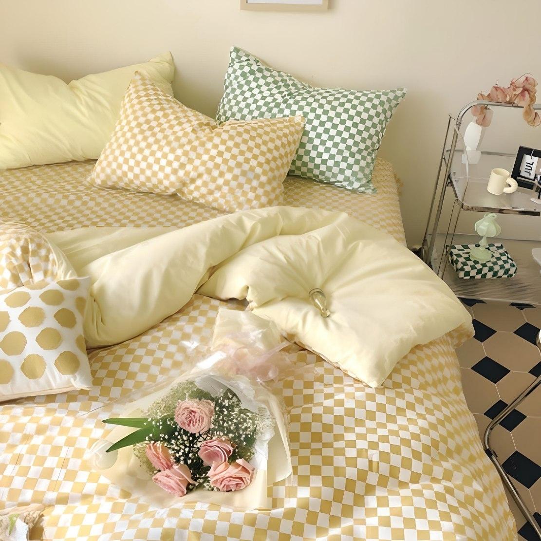 Yellow white small pastel checkerboard pattern bedding set
